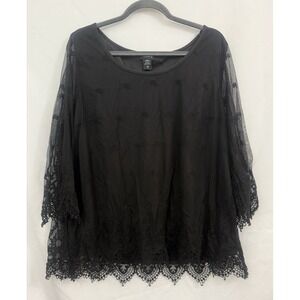 Torrid‎ Chiffon Black Sheer Overlay Embroidered 3/4 Sleeve Top Lined Size 1X